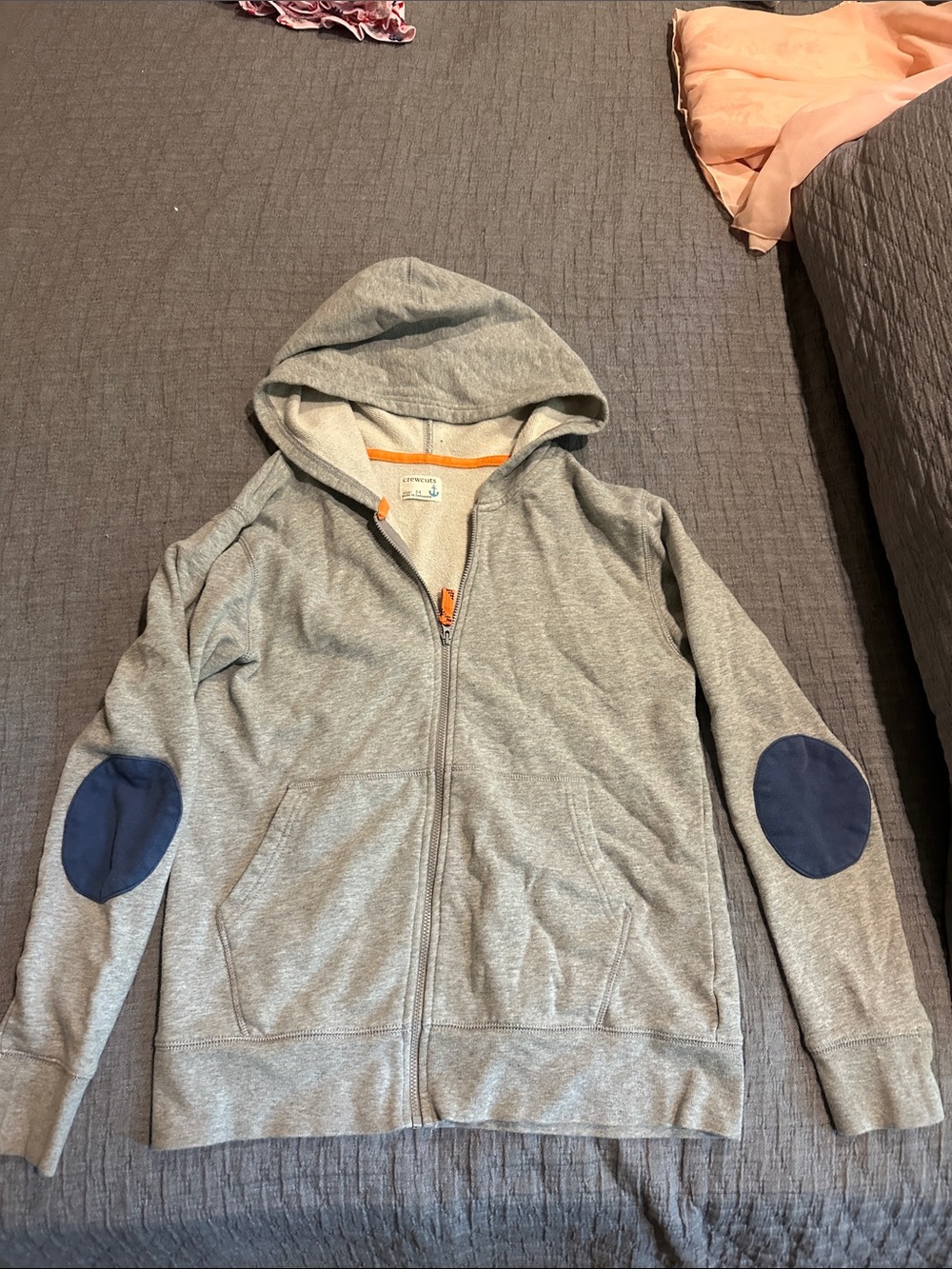 Crewcuts Gray Hooded Zip Sweatshirt with Navy Elbow Patches